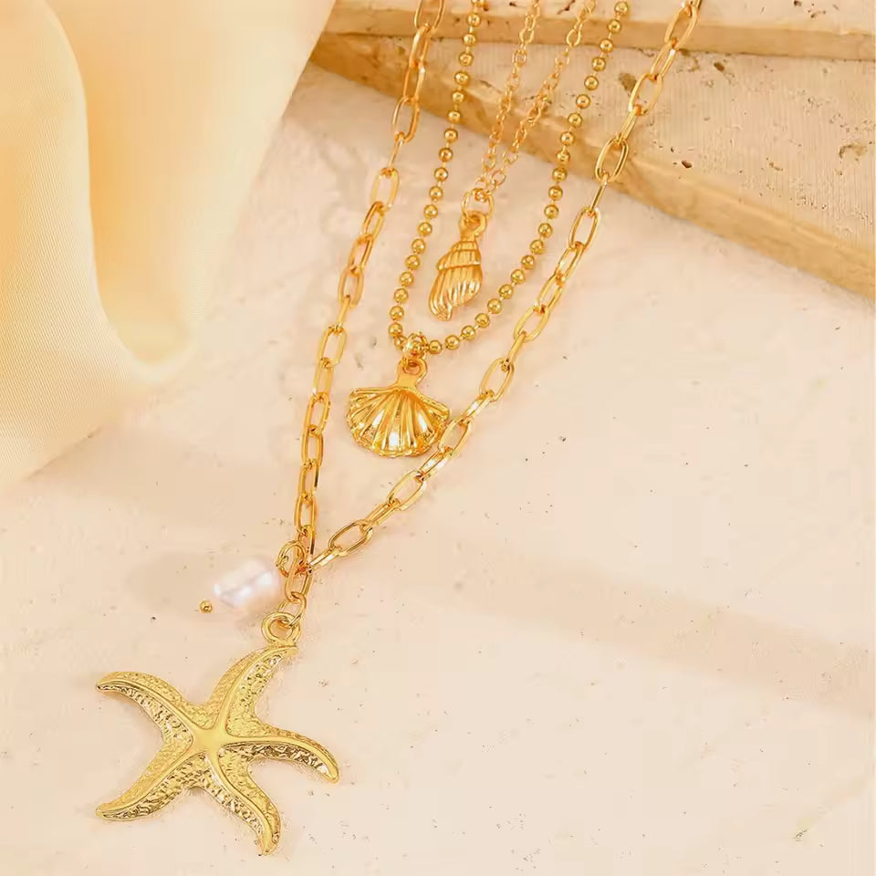 3-in-1 Starfish, Shell & Pearl Necklace – 316L Stainless Steel Choker for Women