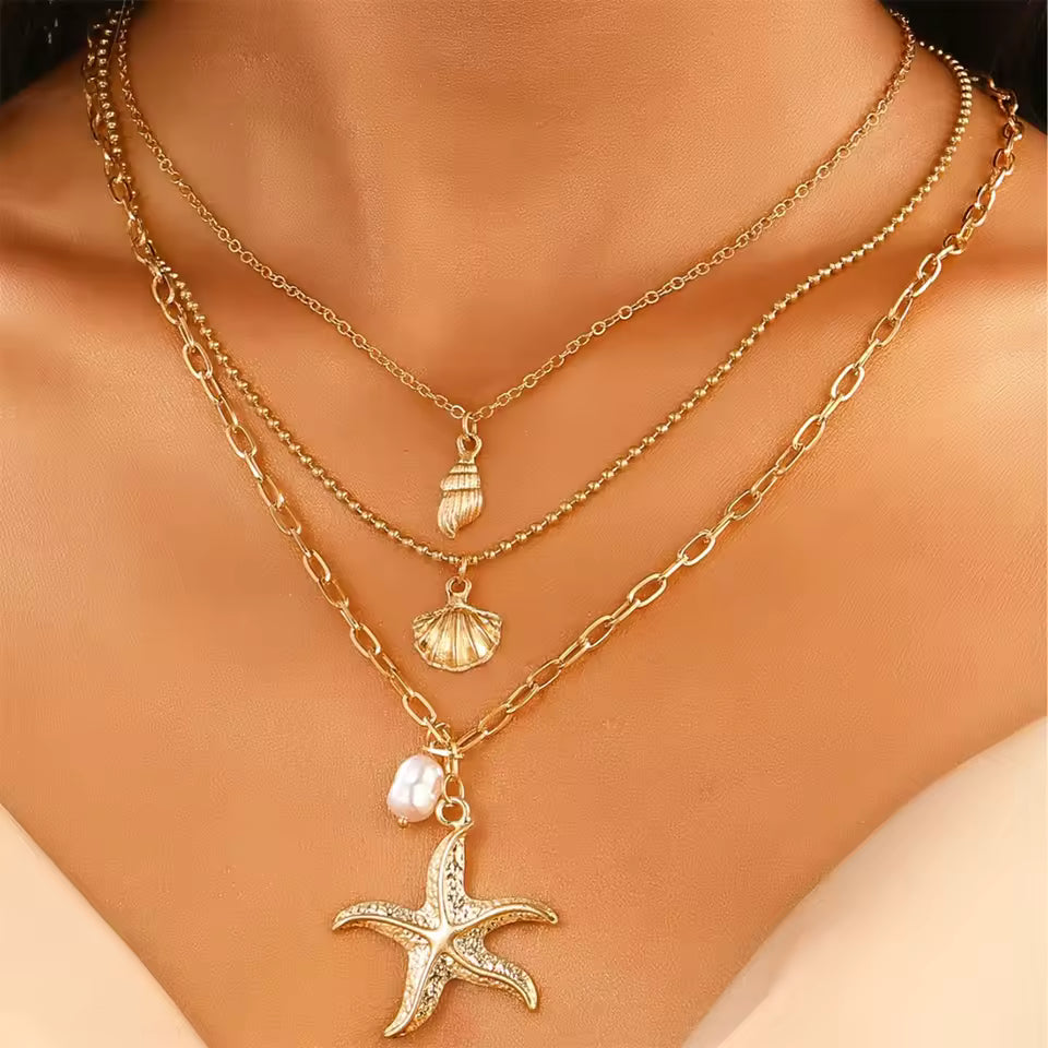 3-in-1 Starfish, Shell & Pearl Necklace – 316L Stainless Steel Choker for Women