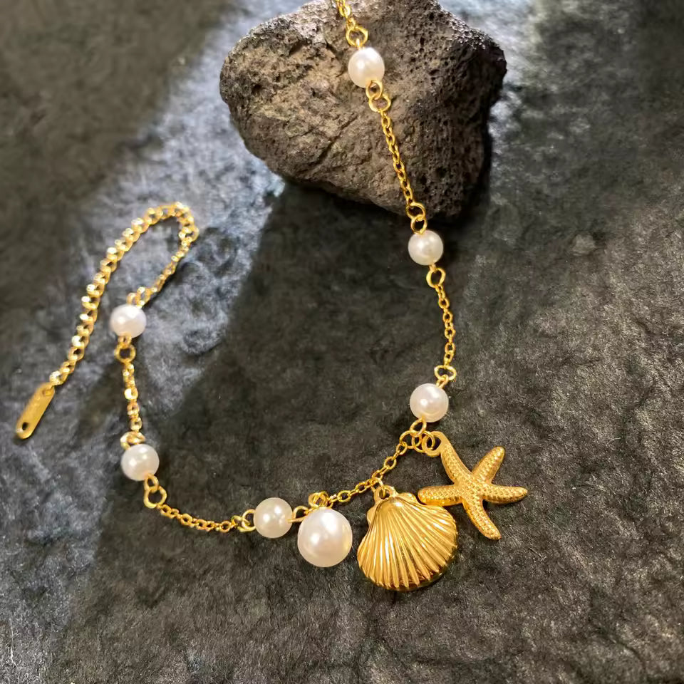 Stainless Steel Starfish & Shell Pearl Bracelet – High-Quality Women’s Jewelry