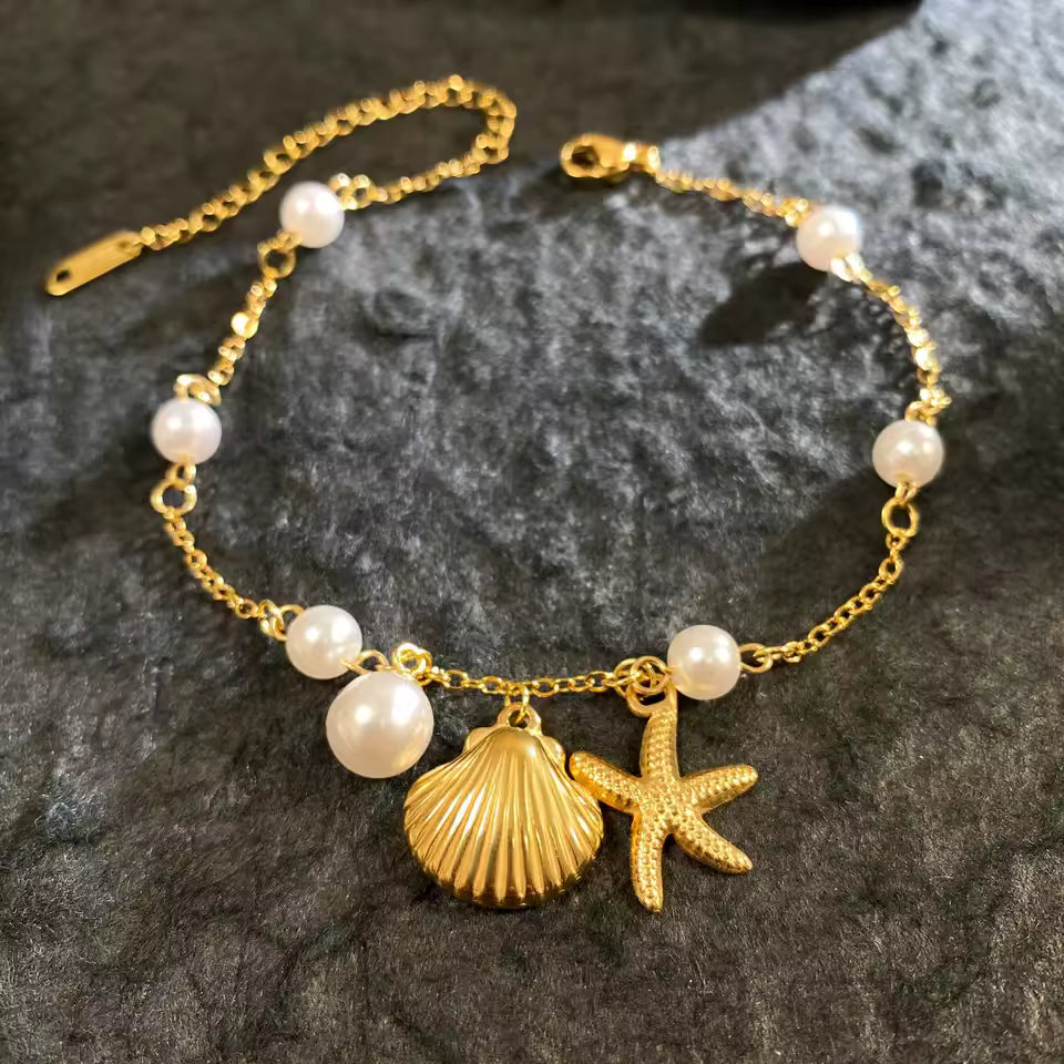 Stainless Steel Starfish & Shell Pearl Bracelet – High-Quality Women’s Jewelry