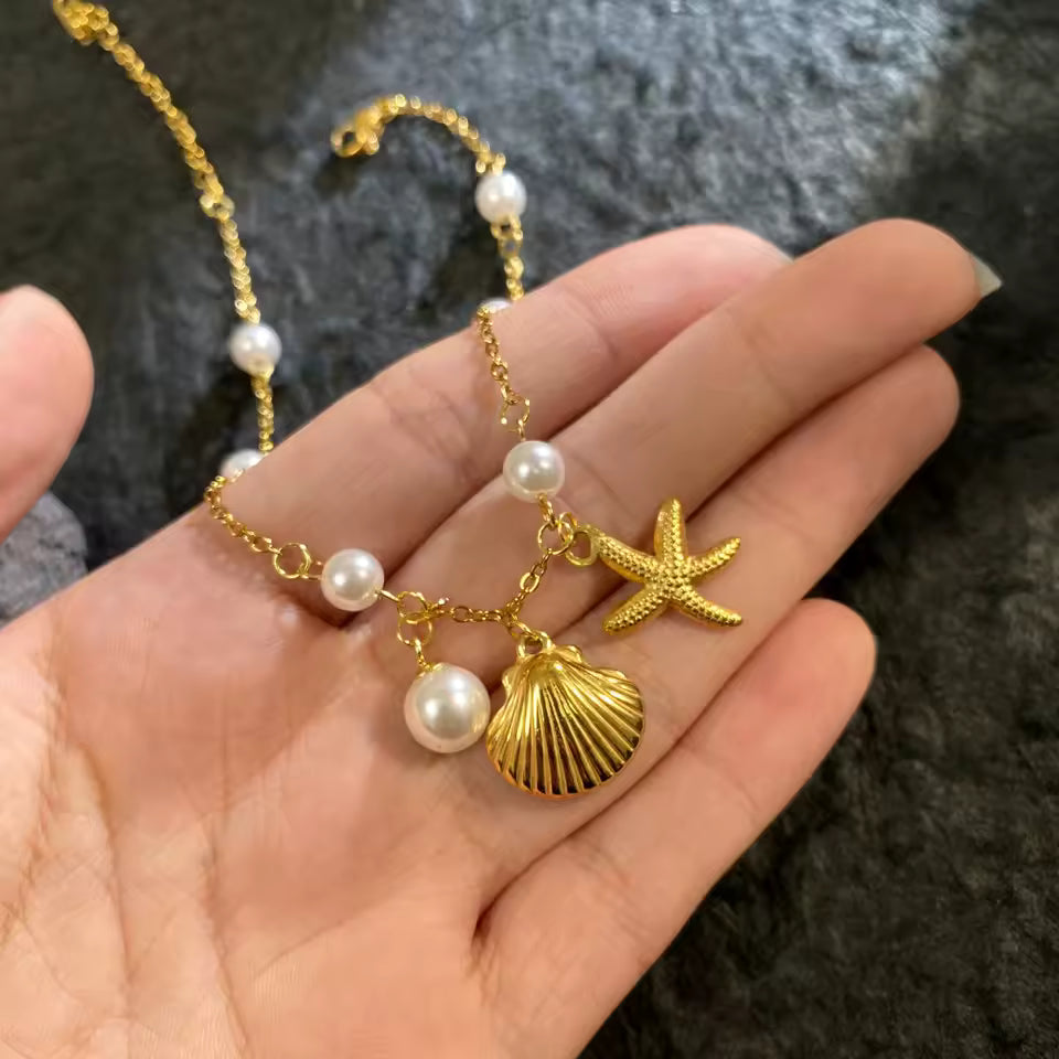 Stainless Steel Starfish & Shell Pearl Bracelet – High-Quality Women’s Jewelry