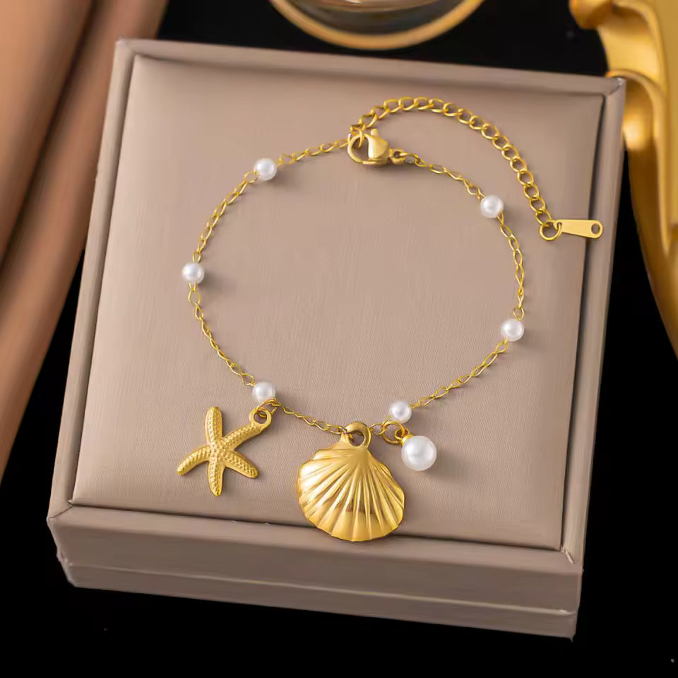 Stainless Steel Starfish & Shell Pearl Bracelet – High-Quality Women’s Jewelry