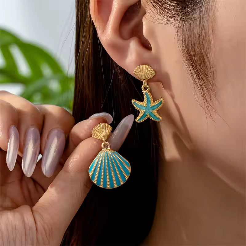 Asymmetrical Starfish & Shell Drop Earrings – Summer Beach Jewelry for Women