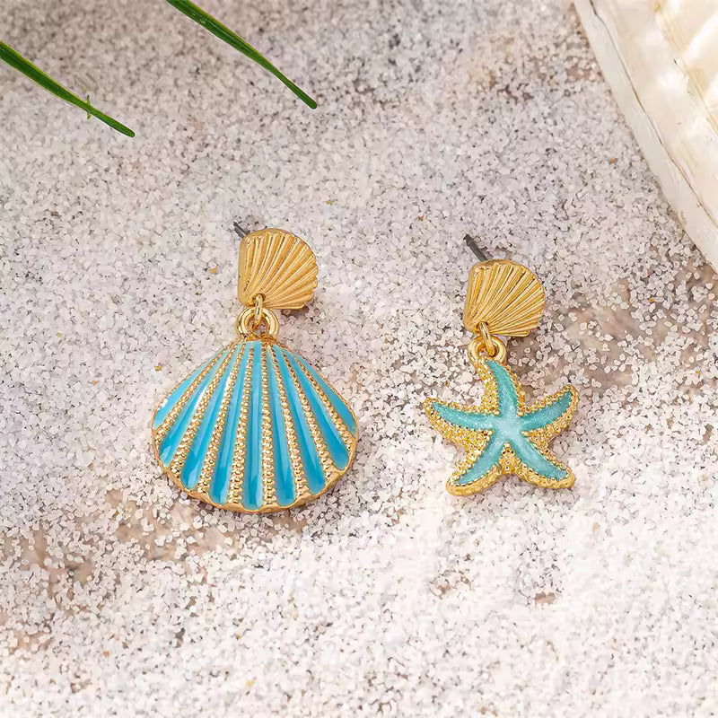Asymmetrical Starfish & Shell Drop Earrings – Summer Beach Jewelry for Women