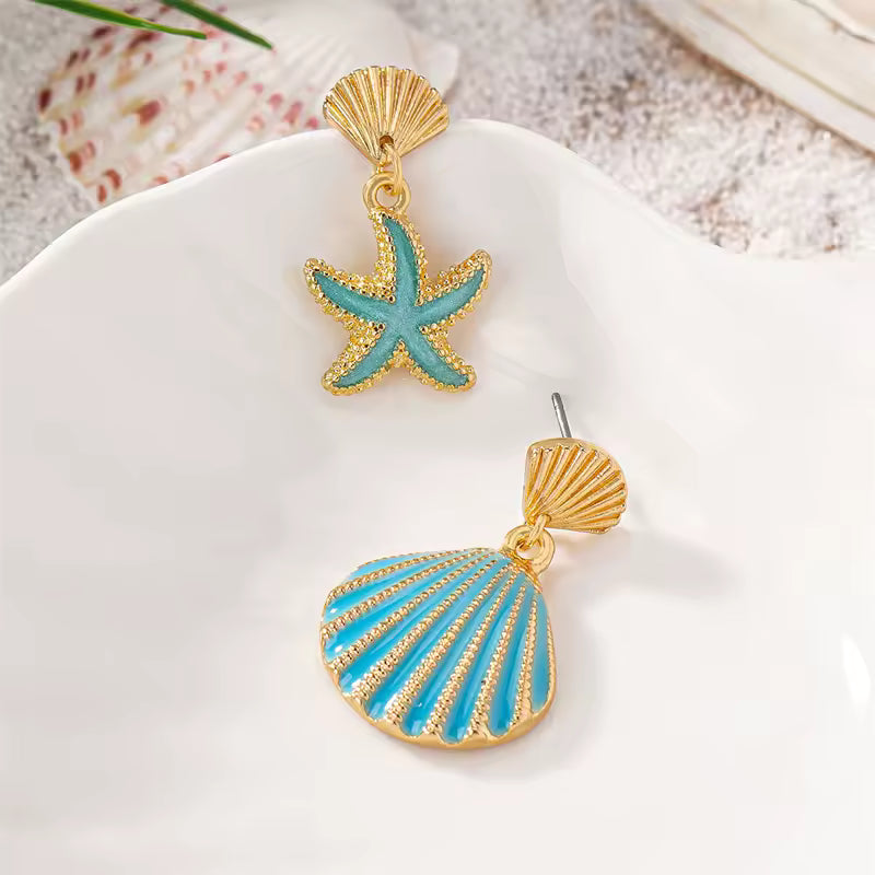 Asymmetrical Starfish & Shell Drop Earrings – Summer Beach Jewelry for Women